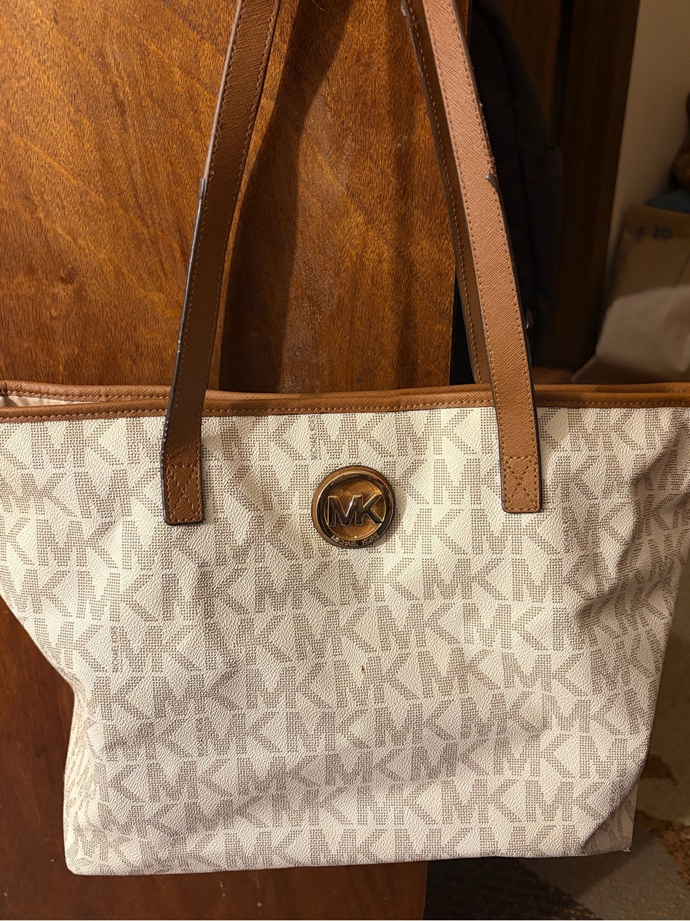 Michael Kors Cream and Brown MK Logo Tote
